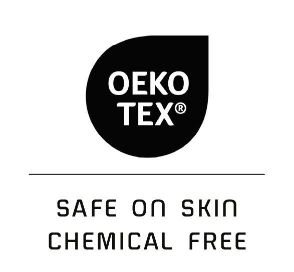 Oeko-Tex logo with text 'Safe on skin, chemical free' on a white background