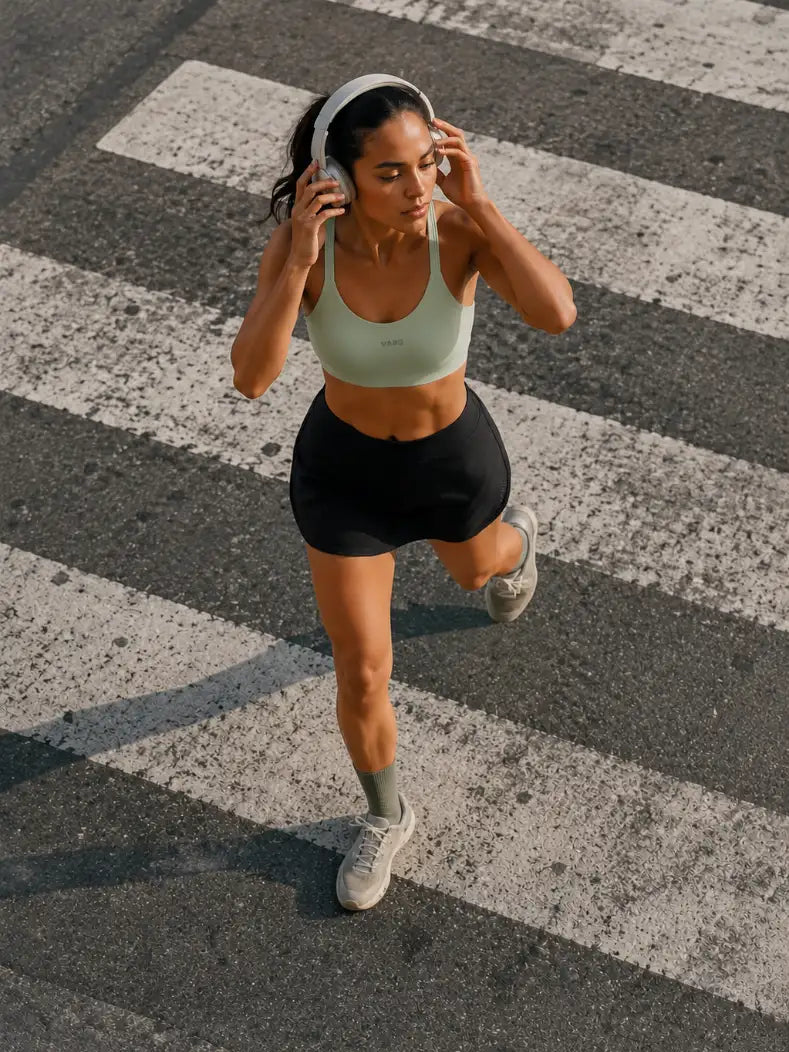 Woman running on a crosswalk wearing headphones and athletic attire.