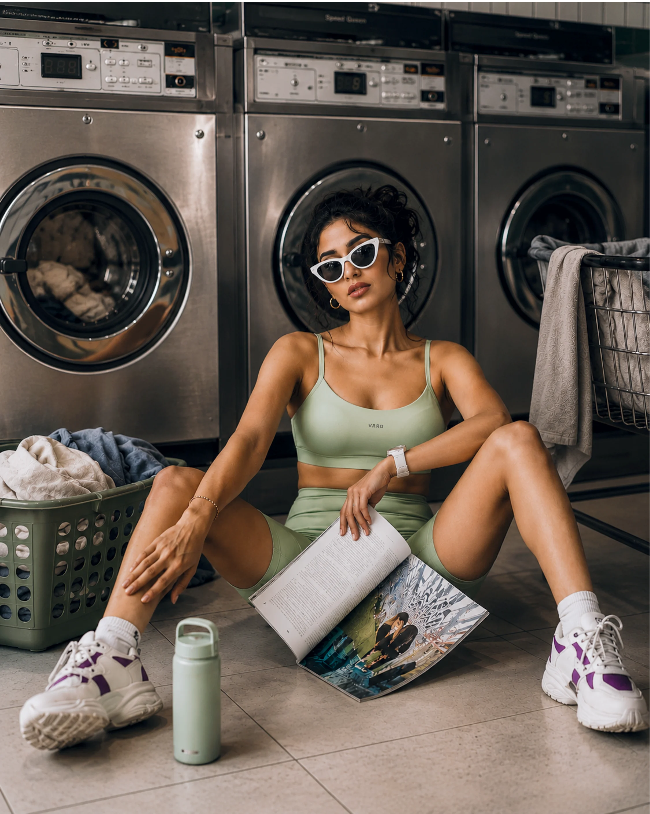 Woman in athletic wear sitting on the floor of a laundromat with laundry and a water bottle.