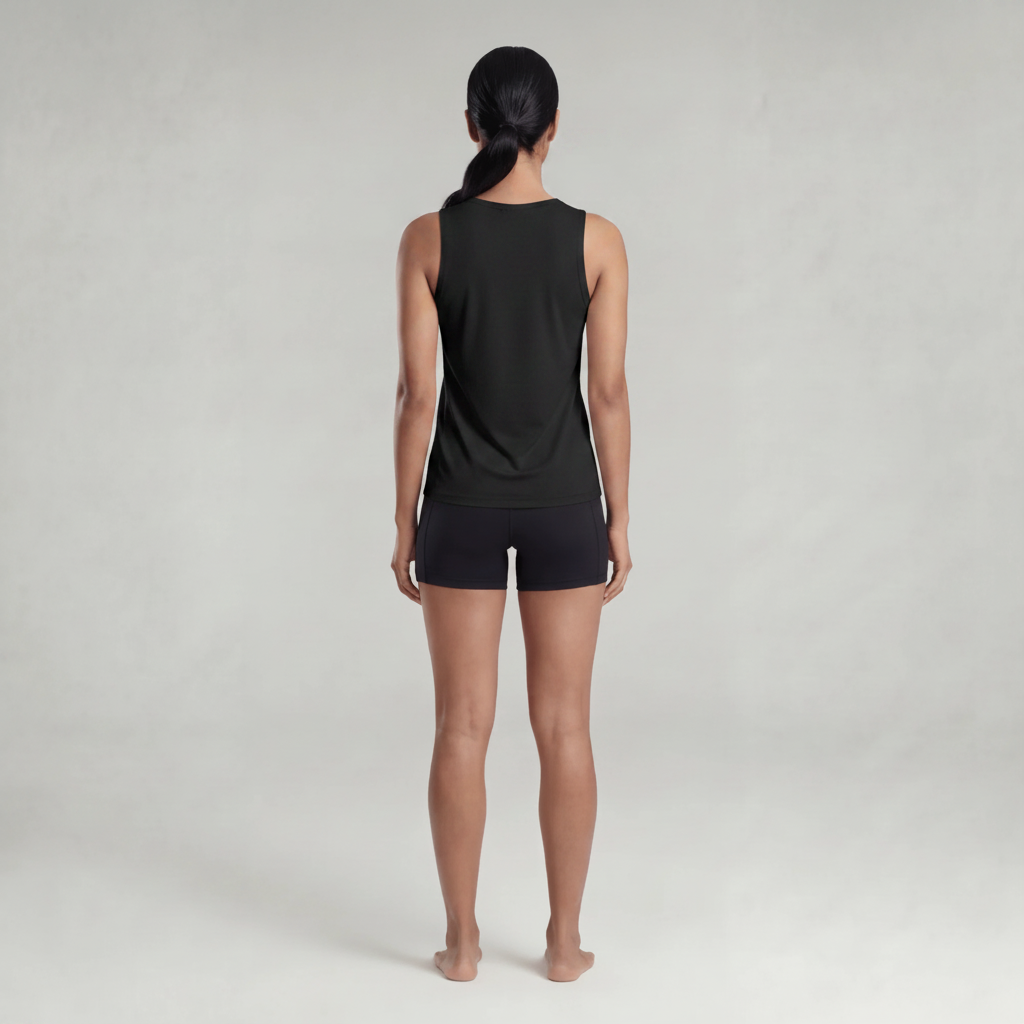 A woman wearing a black sleeveless top and black shorts