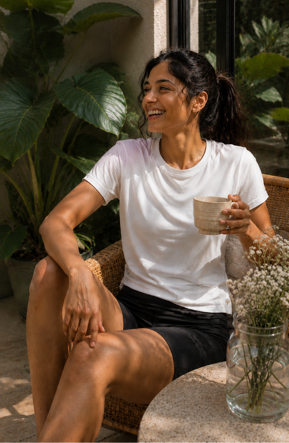 Woman sitting outdoors holding a cup, surrounded by plants