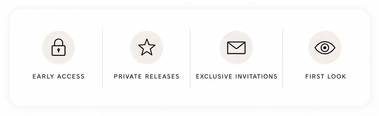 Set of icons and text labels for early access, private releases, exclusive invitations, and first look on a white background.