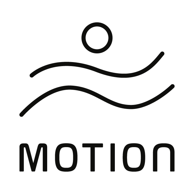 VARO WORLD ICON. Black 'MOTION' logo with abstract design on a white backgroundL