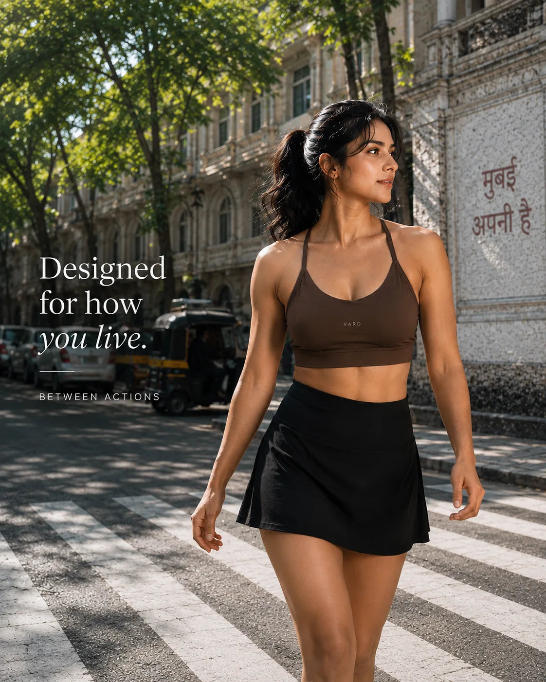 VARO Woman in athletic wear walking on a city street with text overlay.