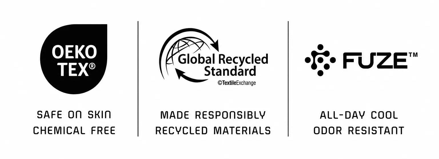 Three certification logos on a white background: OEKO-TEX, Global Recycled Standard, and FUZE.