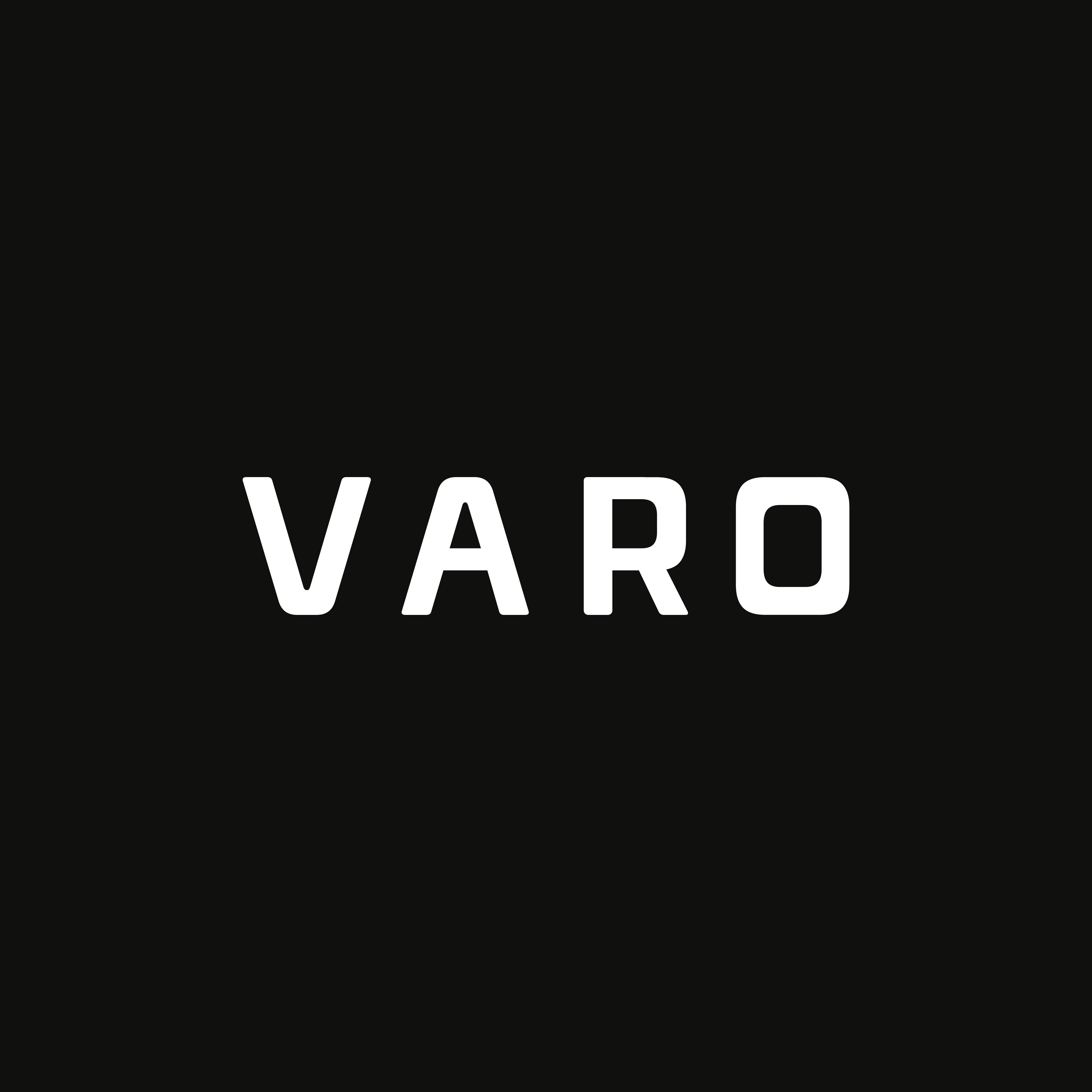 White 'VARO' logo on a black background