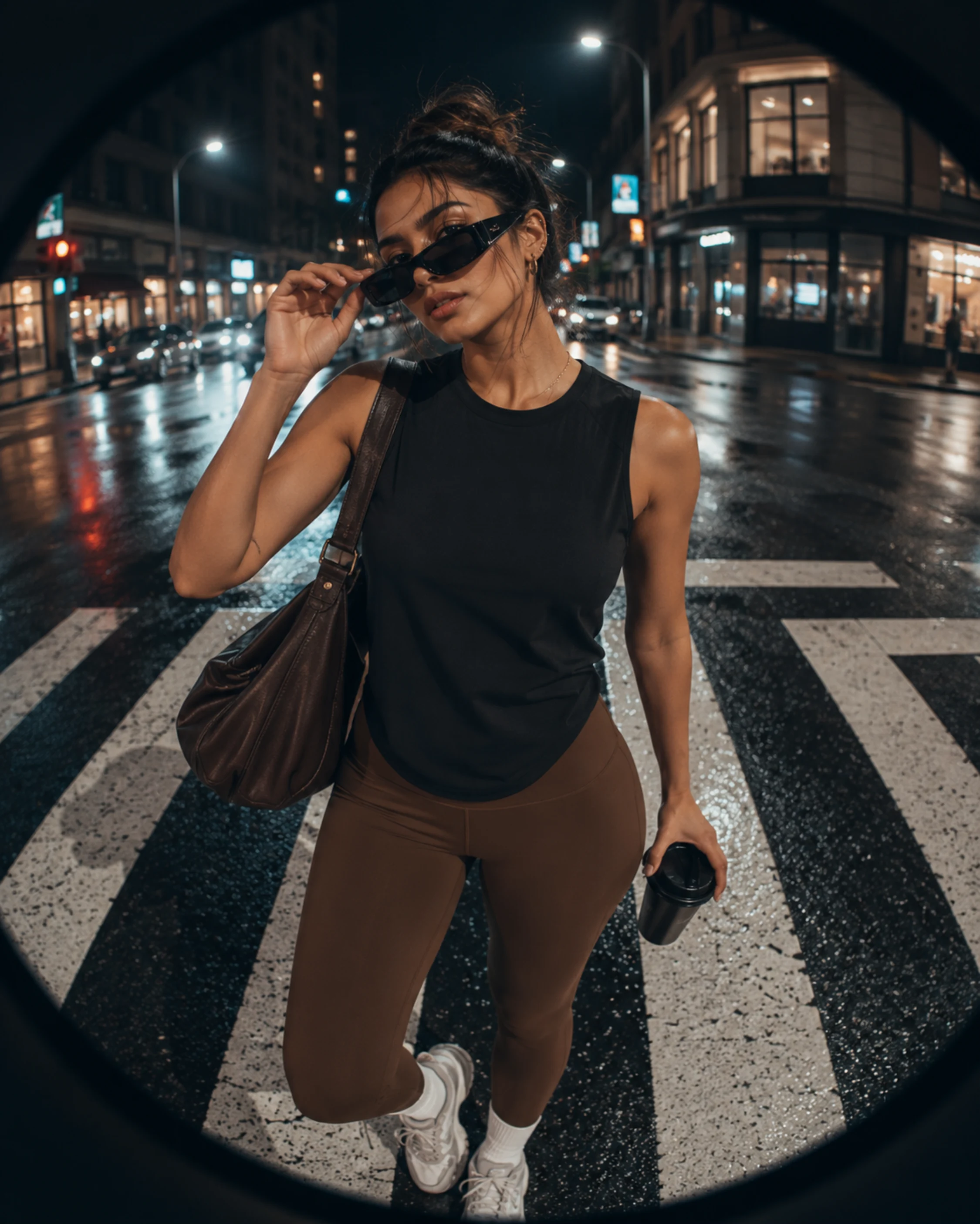 Woman crossing a street at night in an urban setting