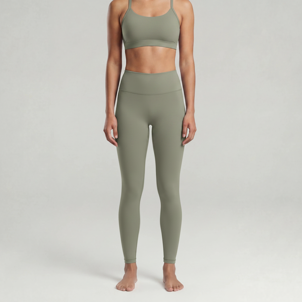 A woman is wearing a sage green leggings and a sage green sports bra top 