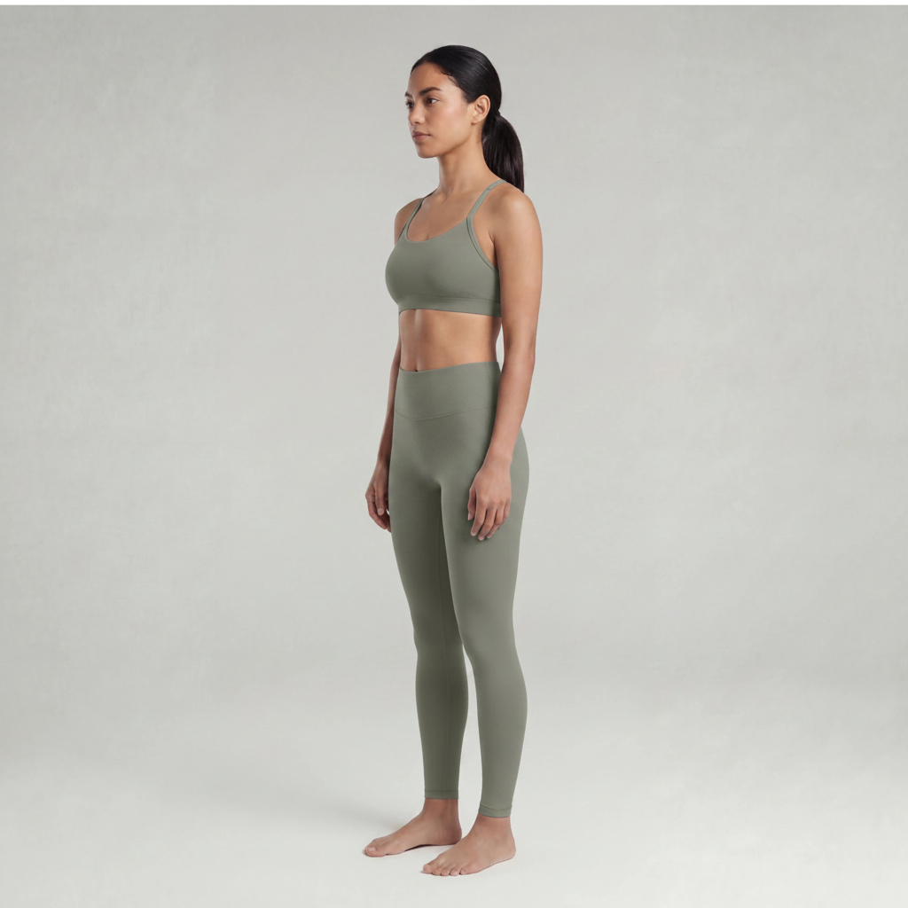 A woman is wearing sage green leggings and a sage green sports bra top 