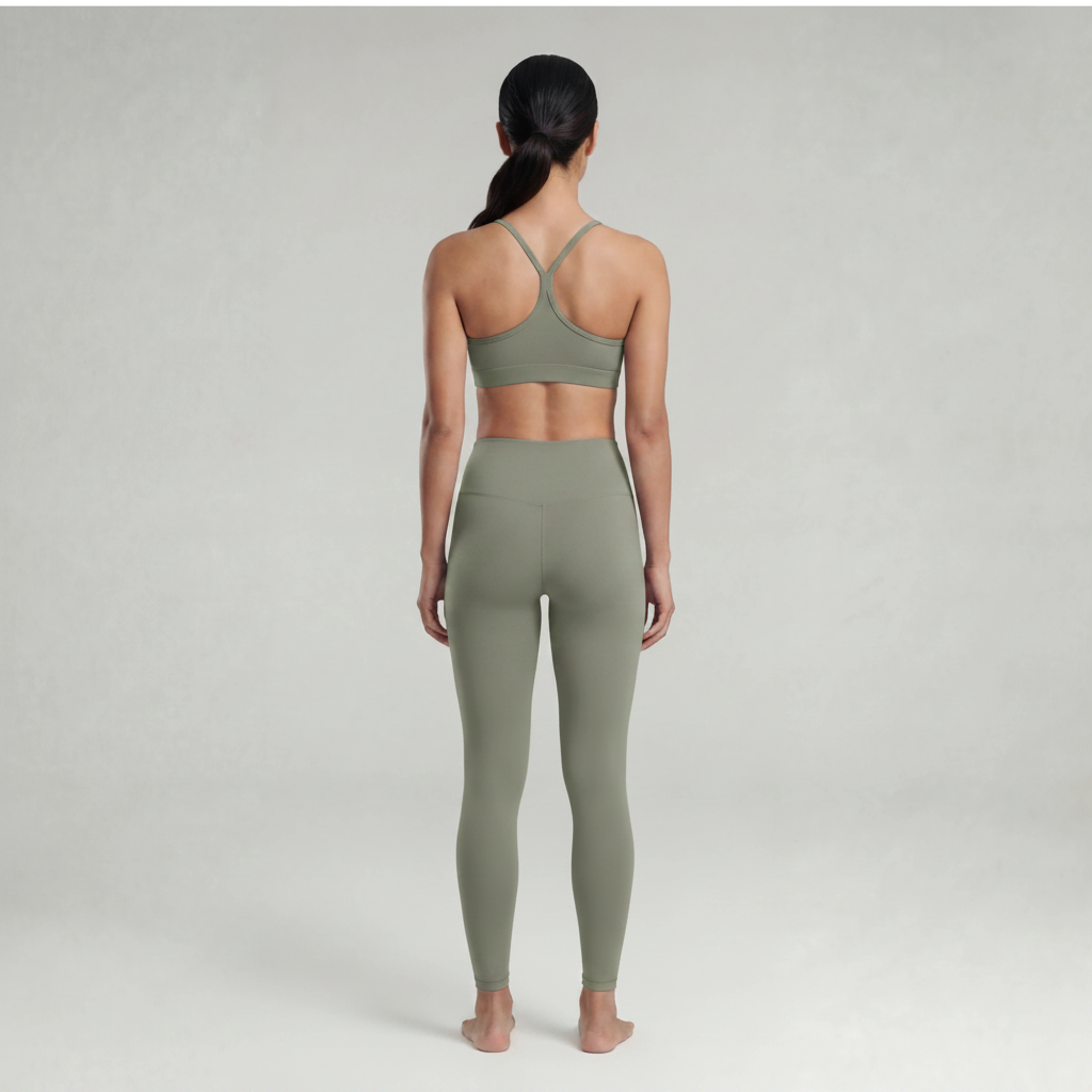 A woman is wearing sage green leggings and a sage green sports bra top 