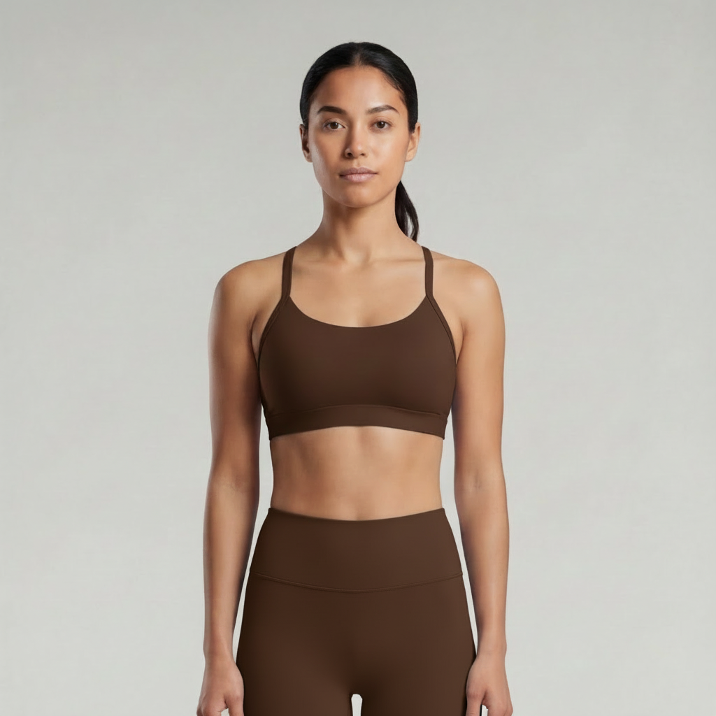 A woman is wearing a chocolate brown  sports bra  and chocolate brown pants