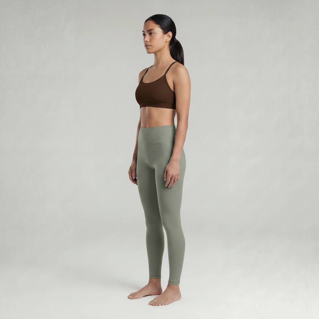 A woman wearing a chocolate brown athletic bra and sage green leggings 