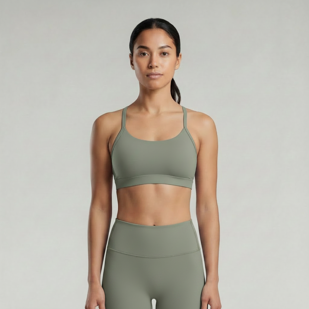 A woman is wearing a sage green brown  sports bra and pants