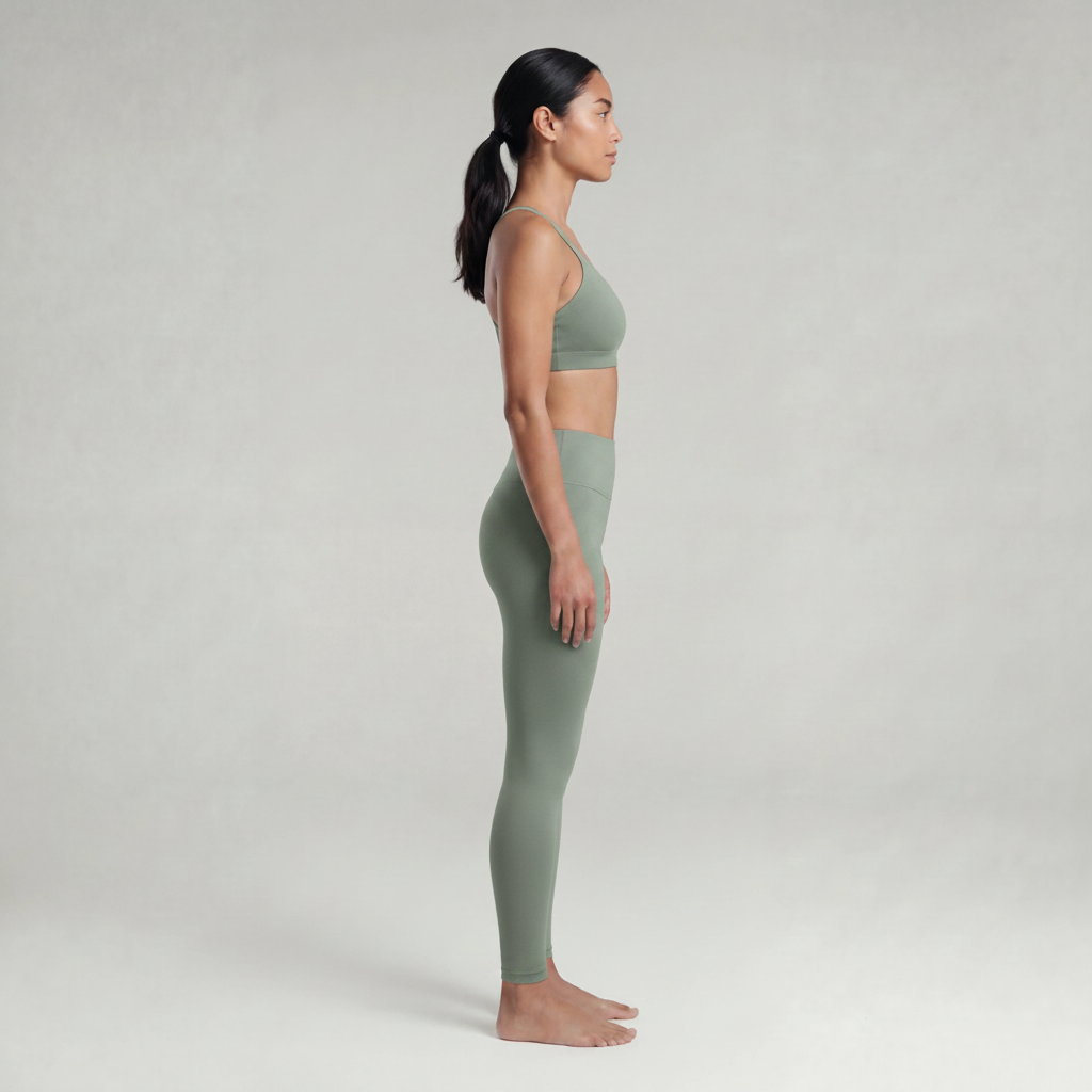 Woman wearing a sage green sports bra and leggings