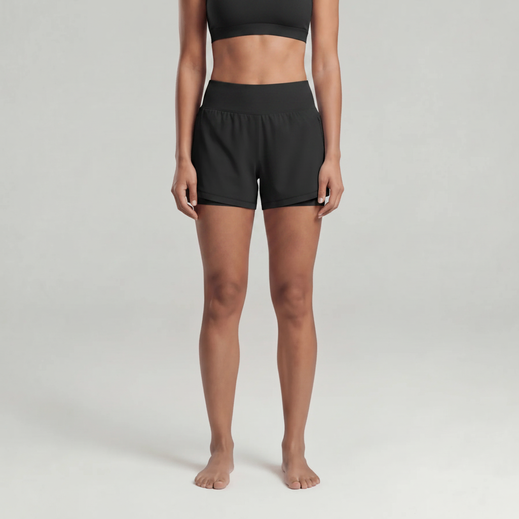 A woman wearing black athletic shorts and a black sports bra