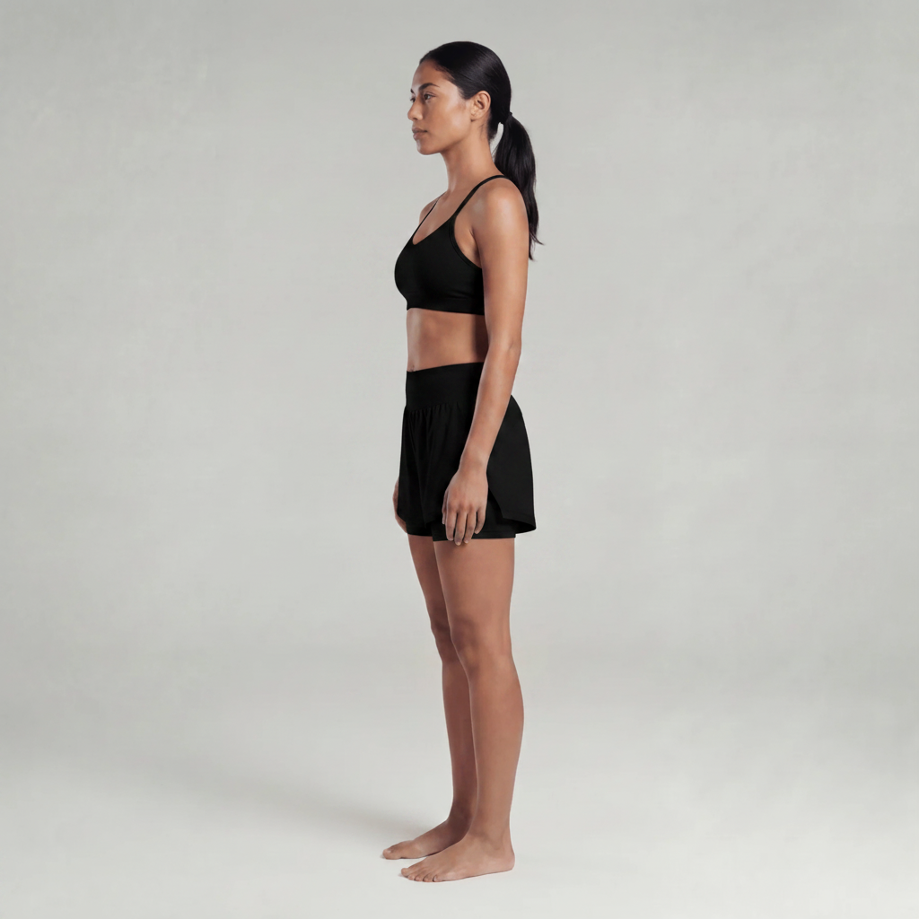 A woman wearing black athletic shorts and a black sports bra
