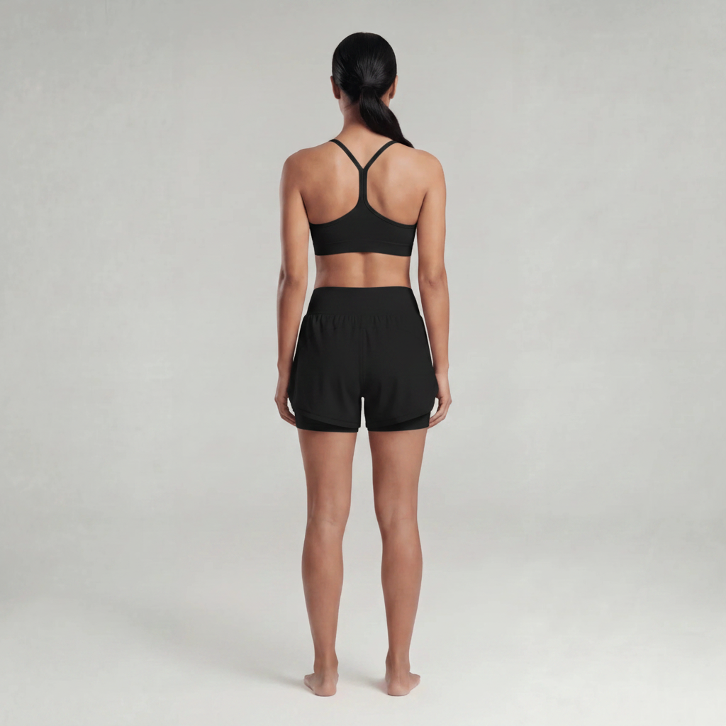 A woman wearing black athletic shorts and a black sports bra