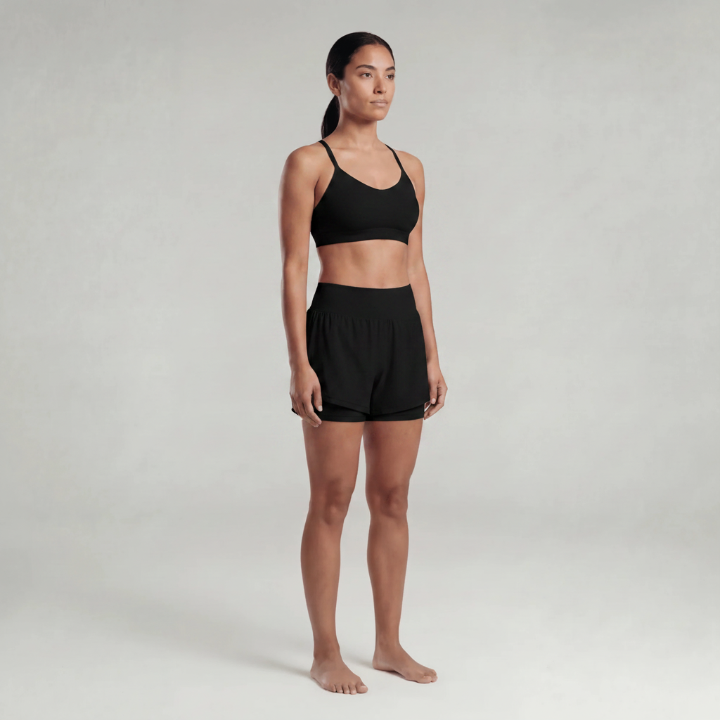 A woman wearing black athletic shorts and a black sports bra