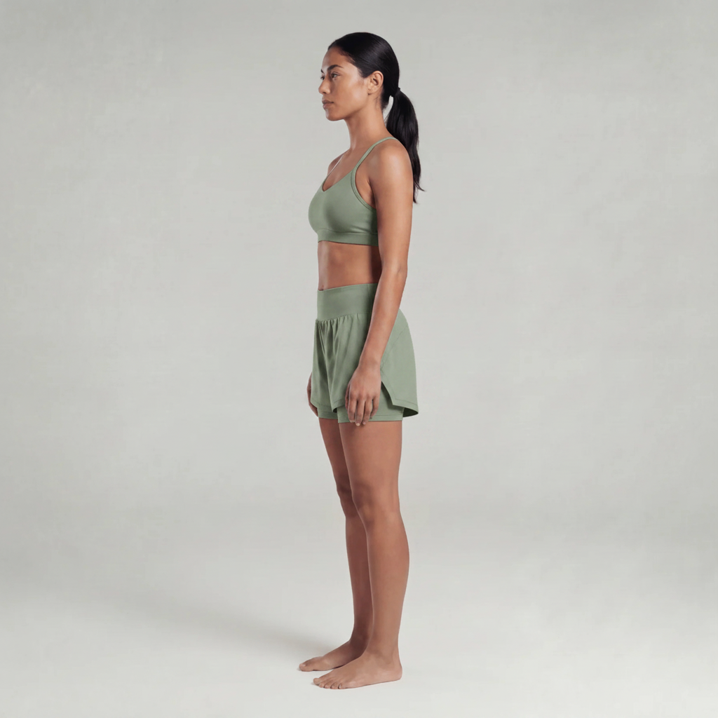 A woman wearing green athletic shorts and a green sports bra