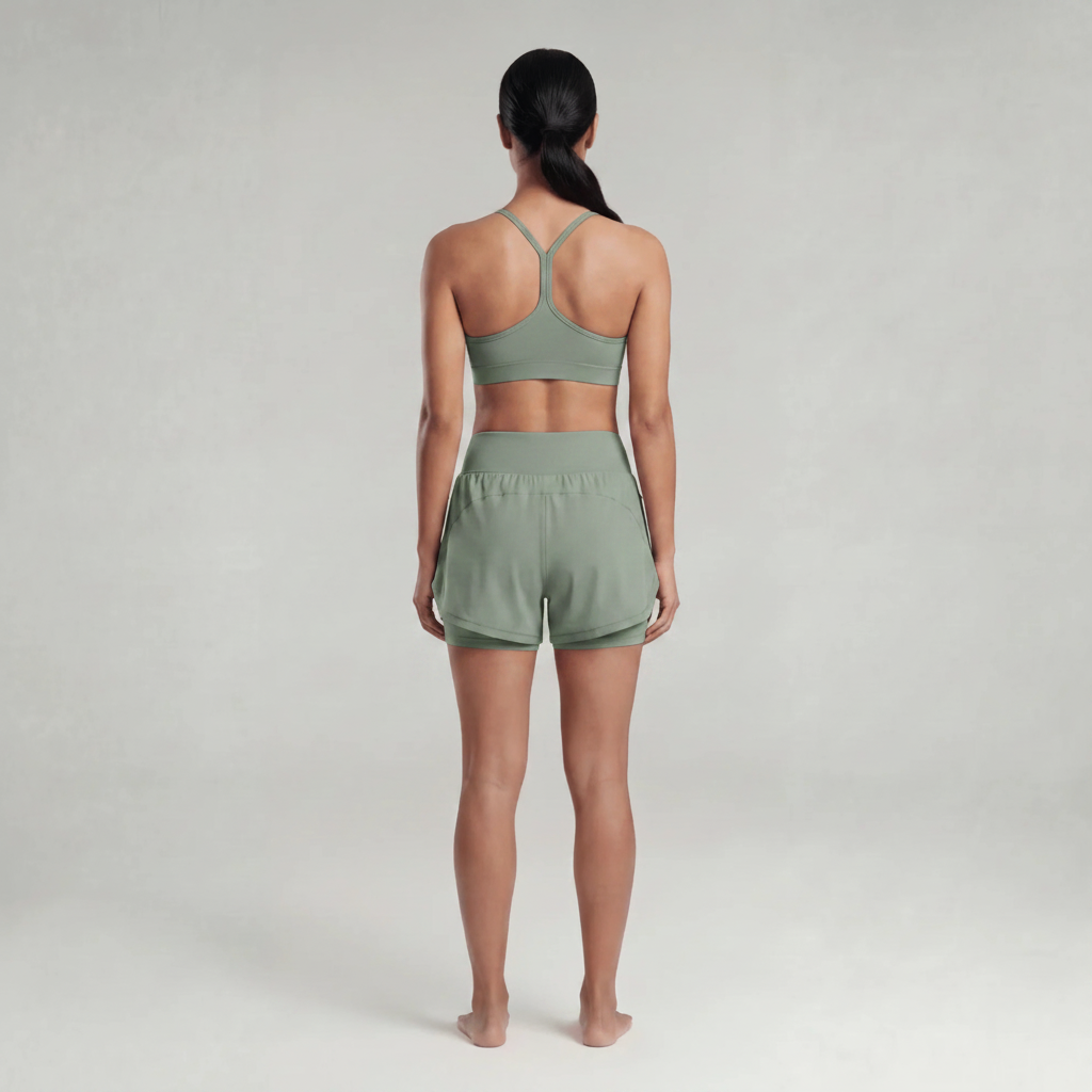 A woman wearing green athletic shorts and a green sports bra