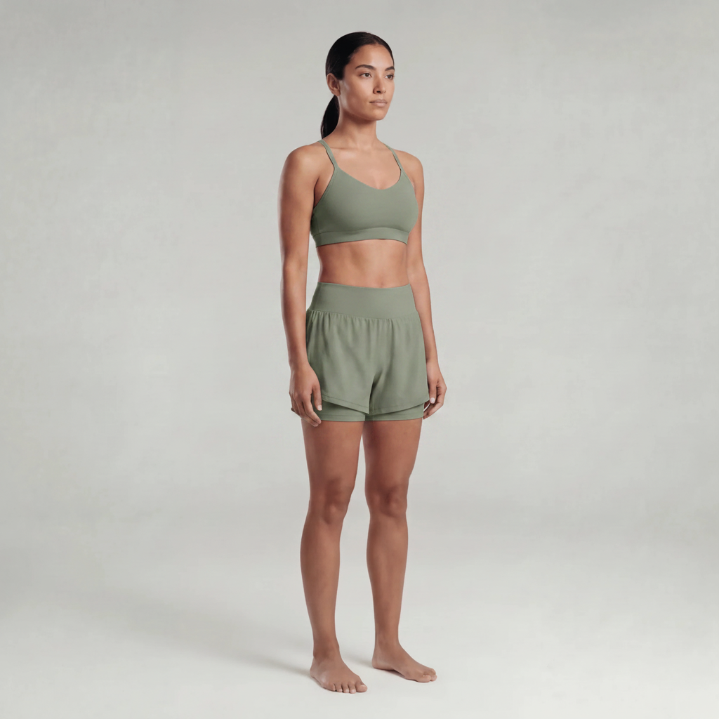 A woman wearing green athletic shorts and a green sports bra