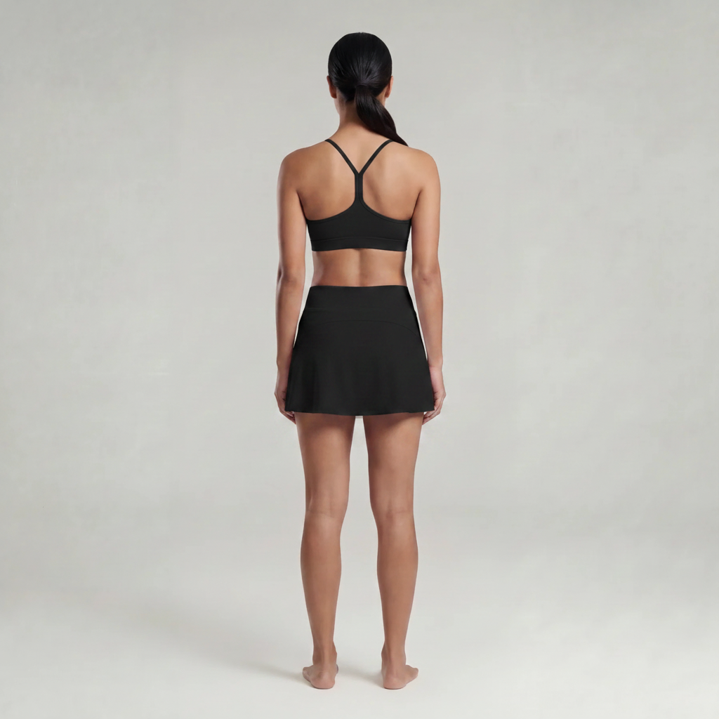 A woman wearing a black sports bra and skirt set on a plain background