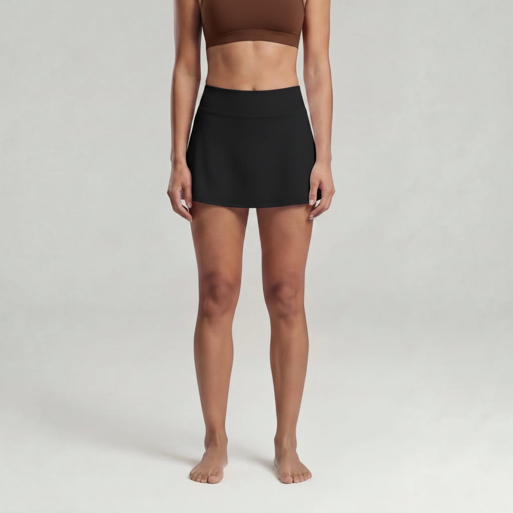 A woman is wearing a black skirt and a chocolate brown sports bra top