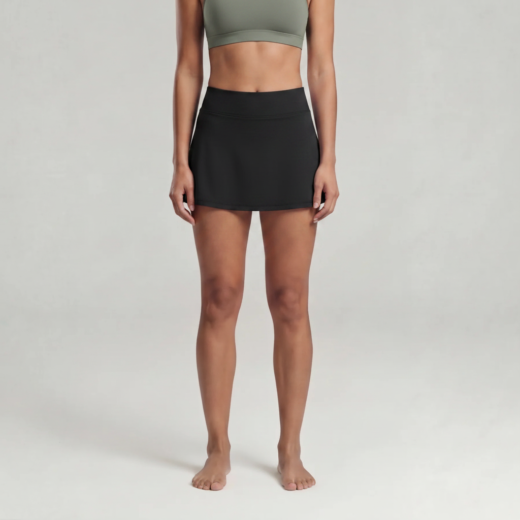 A woman wearing a white skirt and sage green top