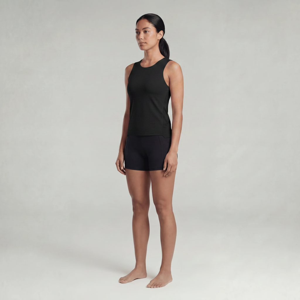 A woman wearing a black sleeveless top and black shorts on a plain background