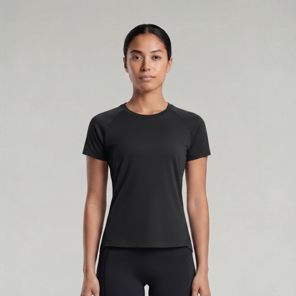 A woman wearing a black t-shirt and black pants