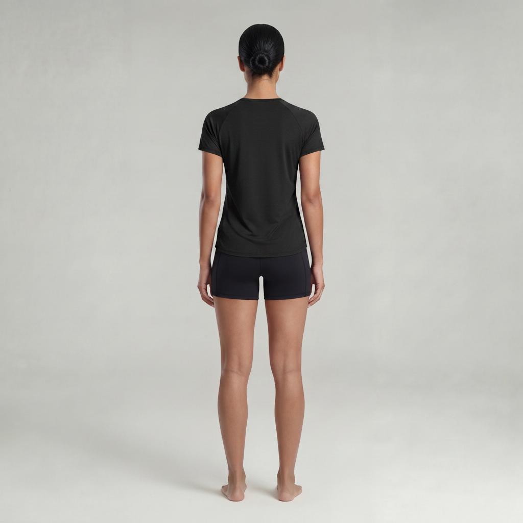 A woman wearing a black t-shirt and black shorts on a plain background