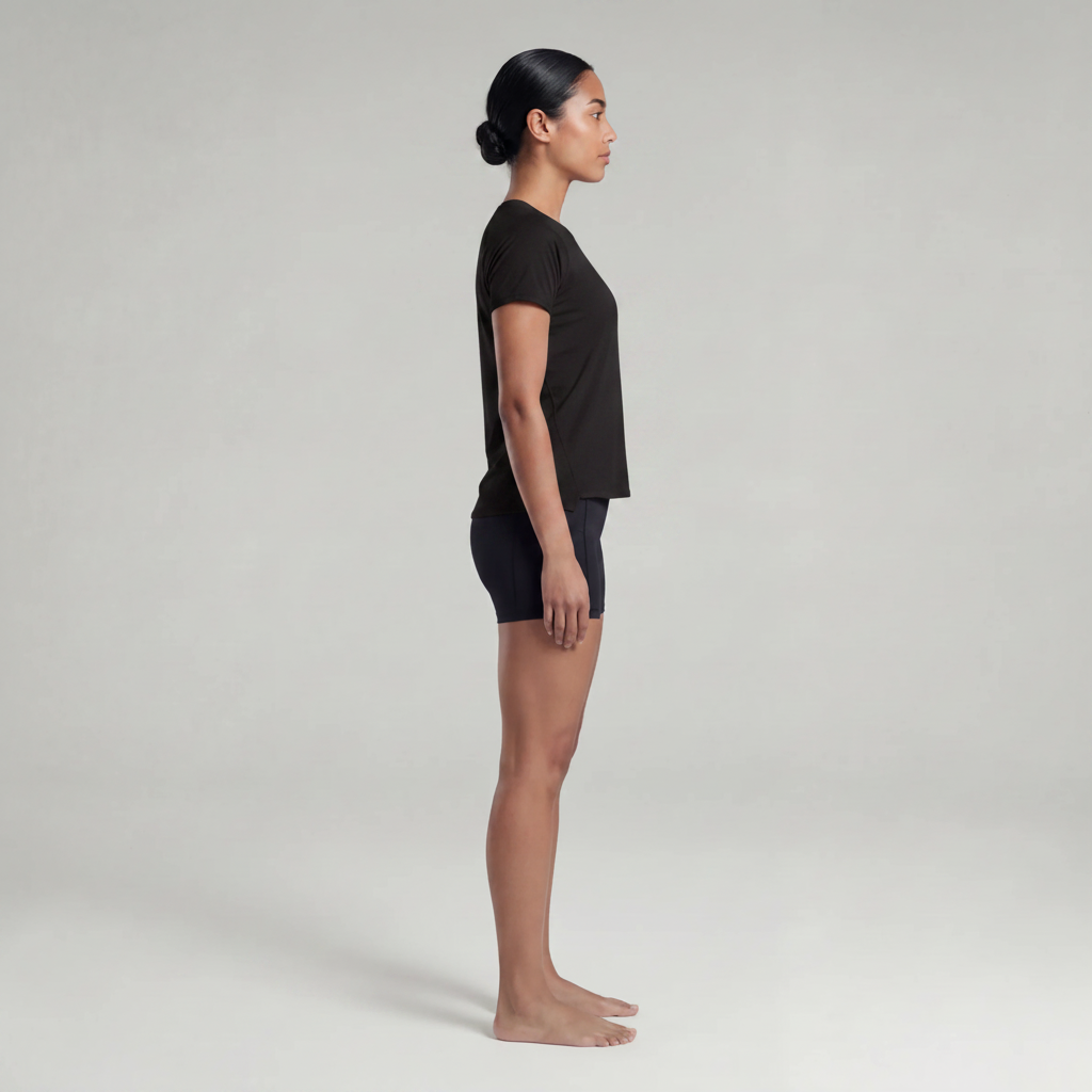 A woman wearing a black t-shirt and black shorts