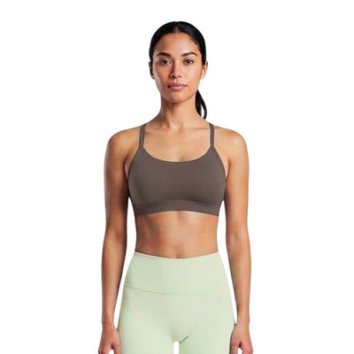VARO On Repeat bra in brown, a soft recycled nylon sports bra with light compression for low-impact studio workouts.